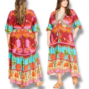 NEW City Chic Maxi Dress Copacabana Placement Tropical Colorful Linen Blend Sz16